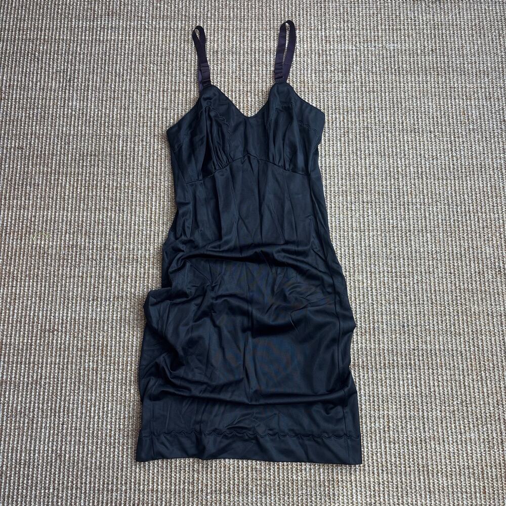 🖤 Vintage Black Slip Dress | Size S | Purple Satin Straps | Scallop Hem